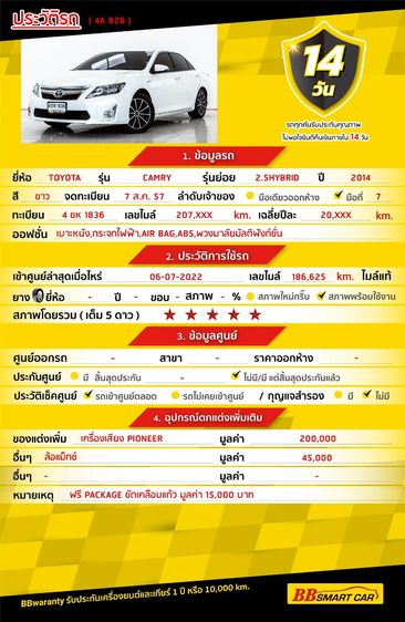 Toyota Camry 2014.0 มือสอง ไฮบริด ไมล์ เช็กศูนย์ทุกระยะ ราคาถูก - Image 2