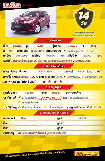 Toyota Yaris 2022.0 มือสอง เบนซิน ไมล์  ไม่เคยชน สภาพนางฟ้า - Image 2